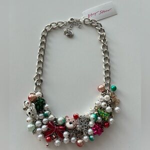 Betsey Johnson Holiday Baubles Chunky Charm Necklace Silver Christmas New